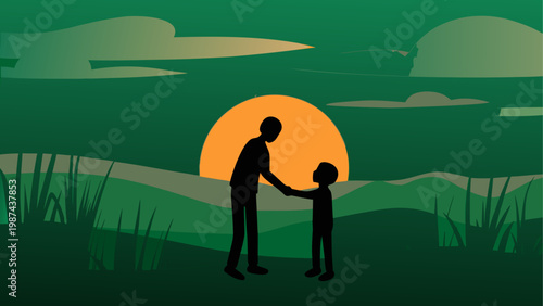 Silhouette of a person gazing at a glowing moon over a serene landscape