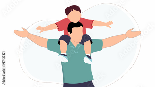 A person carrying a child on their shoulders with arms outstretched joyfully