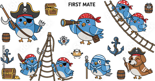 Cute kawaii first mate pirate bird and dog cartoon character set with telescope, ladder, anchor, treasure chest, and barrel on white background