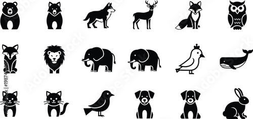 Collection of eighteen black and white animal icons featuring wild and domestic species on a white background