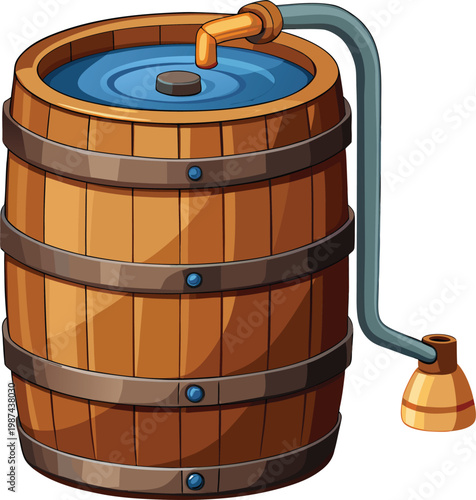 Wooden Water Barrel with Tap and Bucket for Water Conservation Strategies Isolated on Transparent Background and Eco-Conscious Environmental Awareness Content
