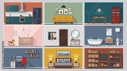 Various interior design concepts and rooms in different colours and styles showcasing furniture and decor ideas for homes and offices