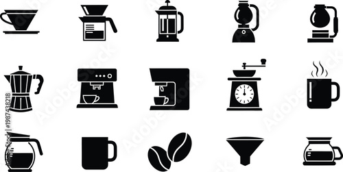 Collection of black and white icons representing various coffee brewing methods and equipment