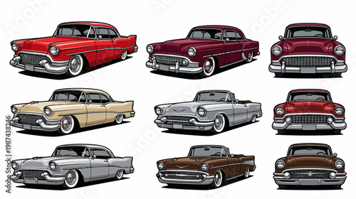 Fotografie Vintage american classic cars collection in various colours on white background