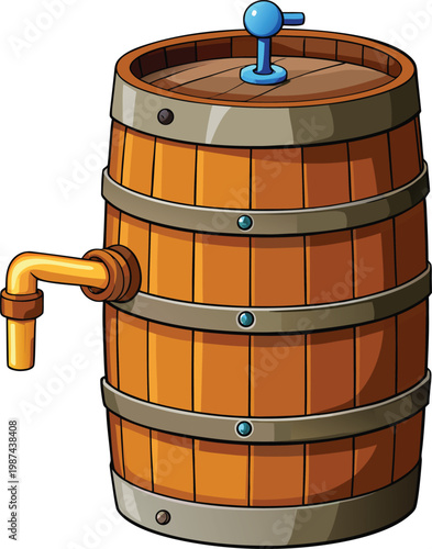 Wooden Water Barrel with Spigot for Water Conservation Strategies and Sustainable Storage Isolated on Transparent Background and Eco-Conscious Environmental Awareness Content