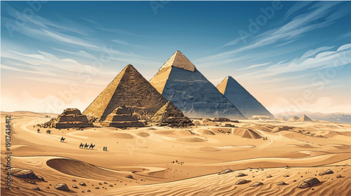 Pyramids of giza stand majestically in the desert landscape with sandy dunes and a clear blue sky