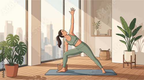 Woman in green workout clothes practicing yoga in a modern living room with city view and plants