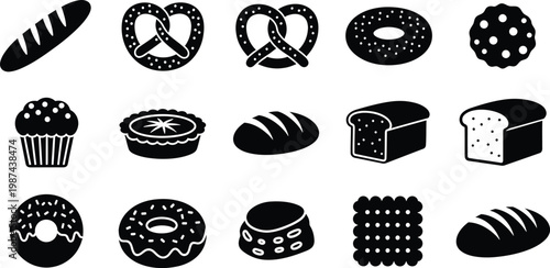Collection of black bakery and bread icons including baguette pretzel donut and muffin