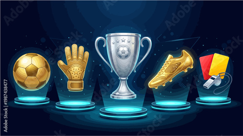 Soccer trophy and accessories on pedestals with glowing blue lines representing sports awards and achievement