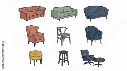 Collection of modern furniture including sofas armchairs chairs stools and ottomans in various colors and textures on white background