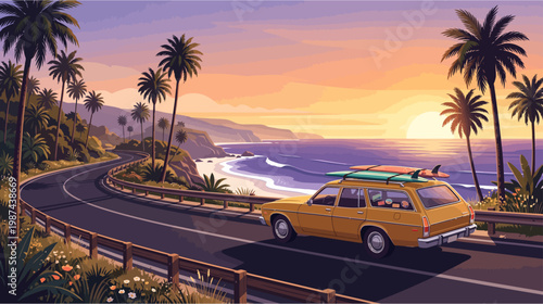 Vintage yellow station wagon drives along coastal road with surfboard on roof at sunset palm trees and ocean in background California dream road trip