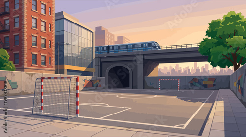 Abandoned soccer field under bridge urban landscape with buildings and tree at sunset empty streets