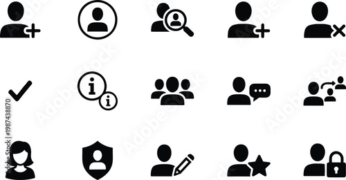 Collection of solid black user profile and account management glyph icons for web interface and mobile app security vector.