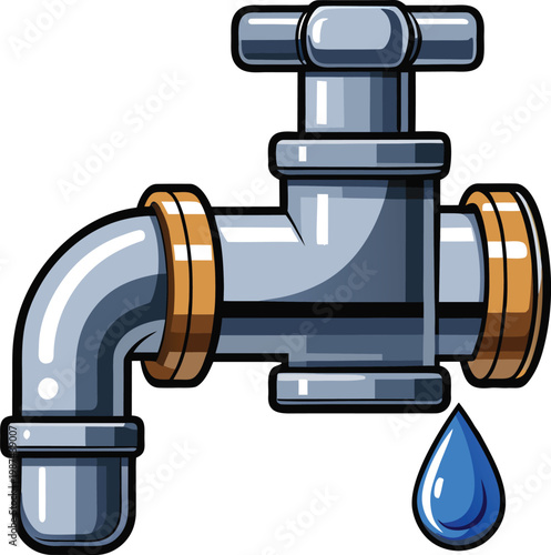 3D Metal Pipe Valve with Water Drop for Water Conservation Strategies and Plumbing Design Isolated on Transparent Background and Eco-Conscious Environmental Awareness Content