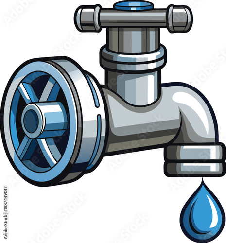3D Metal Water Valve with Blue Drop Symbol for Water Conservation Strategies Isolated on Transparent Background and Eco-Conscious Environmental Awareness Content