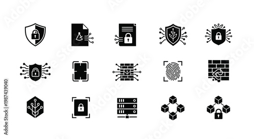 Cybersecurity icons set featuring shields padlocks and encryption symbols in minimalist black and white design