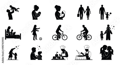 Black silhouette icons depicting family activities sports and hobbies including cycling soccer family bonding and leisure time