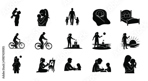 Black silhouette icons depicting family activities relationships and daily life moments in minimalist style