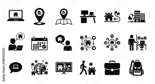 Black and white icons of technology communication business travel and lifestyle concepts for modern design