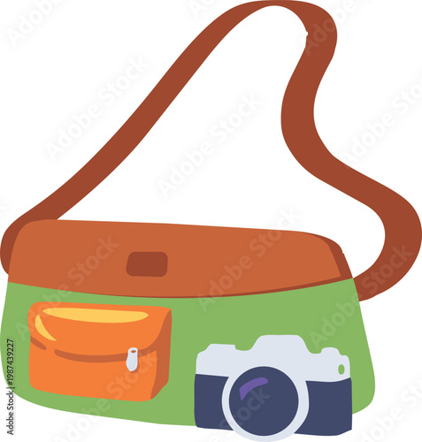 Flat vector illustration of a casual crossbody bag with a front pocket and a camera in a minimal modern style.