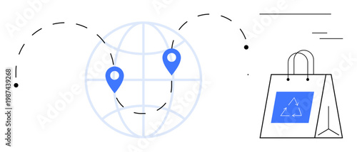 Global logistics, ecommerce, packaging sustainability, recycling, shipping, delivery services. A globe with location markers and a shopping bag a recycling icon. Global logistics and ecommerce