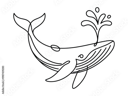 Fotografia Whale swimming with water splashing out of blowhole in a minimalist line drawing