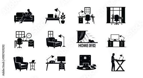 Collection of minimalist icon designs showcasing home office activities in monochrome style for modern interiors