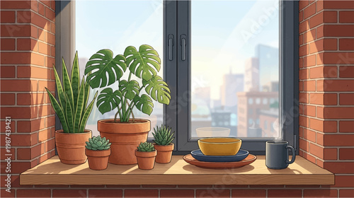 Cozy urban indoor scene with potted plants on a windowsill overlooking cityscape at daytime