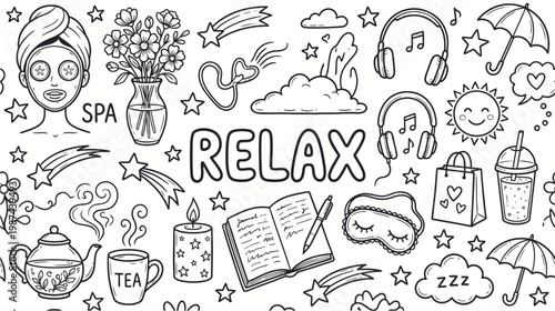 Relaxation icons with spa tea book and sleep masks promoting calmness and serenity in a peaceful atmosphere with stars and clouds