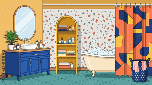 Vibrant and eclectic bathroom interior design featuring a freestanding claw-foot bathtub with bubbles a blue vanity with a white sink and mirror a tall shelving unit with toiletries a patterned shower