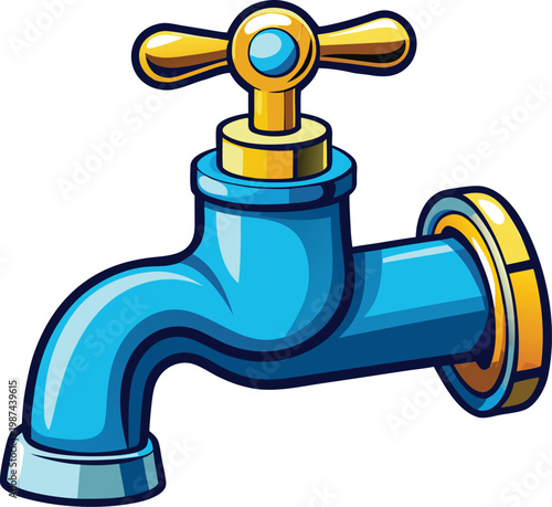 Golden and Blue Water Faucet Valve Handle for Water Conservation Strategies Isolated on Transparent Background and Eco-Conscious Environmental Awareness Content