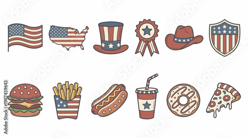 Vibrant collection of american symbols and classic fast food items including waving flag map outline patriotic hat rosette cowboy hat shield juicy burger fries hot dog soda cup donut and pizza slice