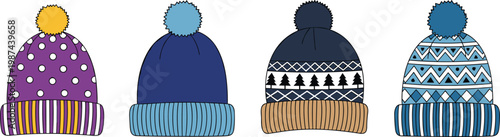 Winter Beanie Hat Collection with Patterned Knit Caps, Pom Pom Headwear Set, Cozy Cold Weather Accessories Flat Vector Illustration