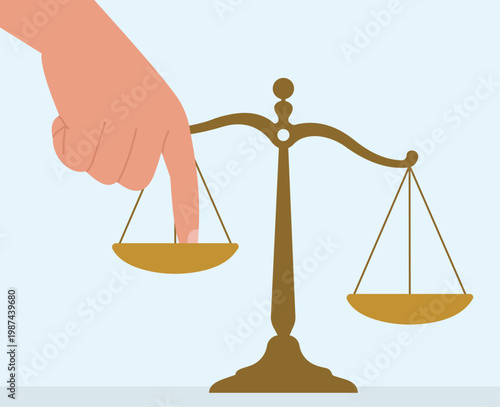 Flat vector illustration of a giant hand pressing a finger down on a golden scale of justice, intentionally tipping the balance to show unfairness, Tipping the Scales, Unfair Advantage, Systemic Bias