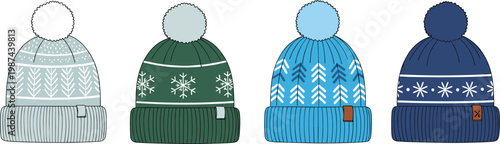 Winter Beanie Hat Collection with Snowflake Patterns, Knit Caps with Pom Pom, Cozy Cold Weather Headwear Flat Vector Illustration Set