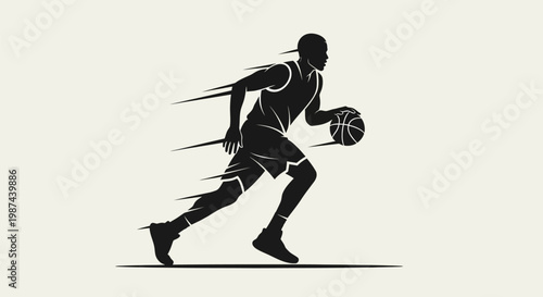 Dynamic silhouette of a basketball player dribbling with speed lines.