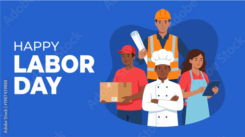 Happy labour day celebration with diverse workers and professionals in a blue background
