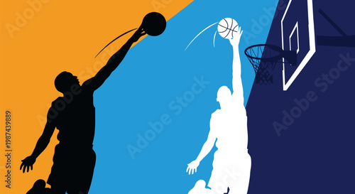 Dynamic basketball players dunking with intense athletic energy.