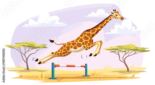 Graceful giraffe leaping over a hurdle in a vibrant savanna landscape.