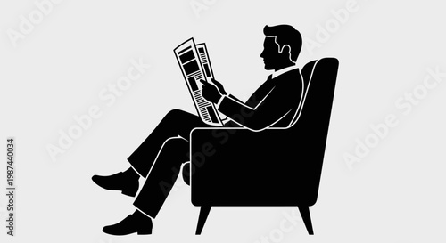 Man in suit sitting on a chair reading a newspaper.