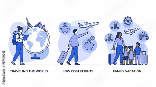 Travel and vacation icons with people exploring globe flying and family on holiday with luggage and air planes