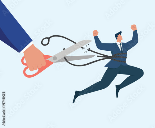 Flat vector illustration of a giant hand with scissors cutting ropes binding a businessman, freeing him to jump for joy and celebrate success, Breaking Free from Restrictions, Cutting the Red Tape