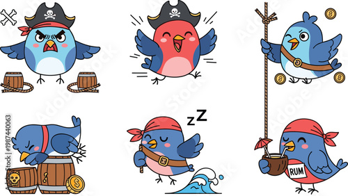 Cute kawaii pirate parrot bird cartoon character set with funny poses, skull hat, treasure barrel, rope, coins, and rum on white background