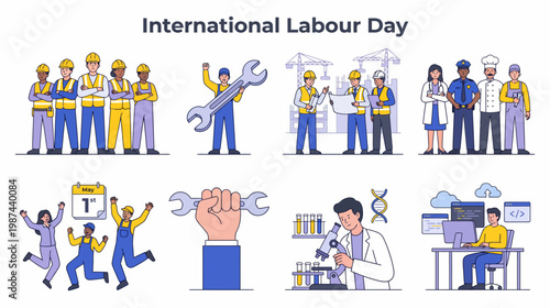 International labour day illustration with diverse workers and professionals in various settings and activities celebrating unity and hard work