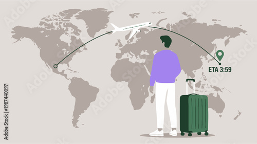 Person with green suitcase standing in front of world map planning travel or vacation with flight route and destination marked