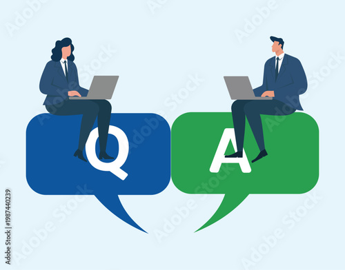 Business professionals sitting on giant Q and A speech bubbles using laptops, representing online customer support, interviews, and communication, Online Customer Support, Frequently Asked Questions