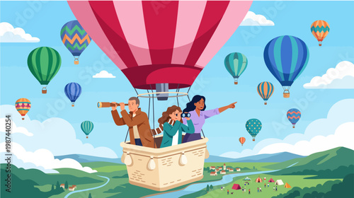 Family in hot air balloon flying over green landscape with multiple colorful balloons floating by sunny day with fluffy clouds