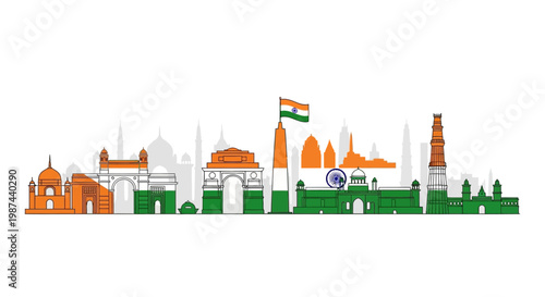 Indian flag and famous landmarks illustration.