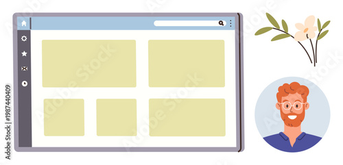 Web design, personal branding, UI elements, online profiles, creative content sharing, digital organization. A browser window layout with a user avatar and flower illustration. Web design
