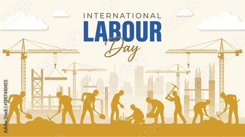 International labour day construction workers at a building site with cranes and workers in action
